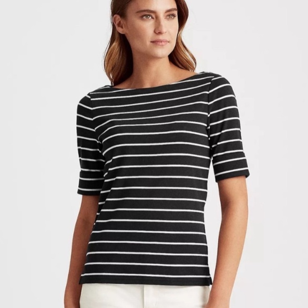 Ralph Lauren cotton blend black striped boat neck top. Size S